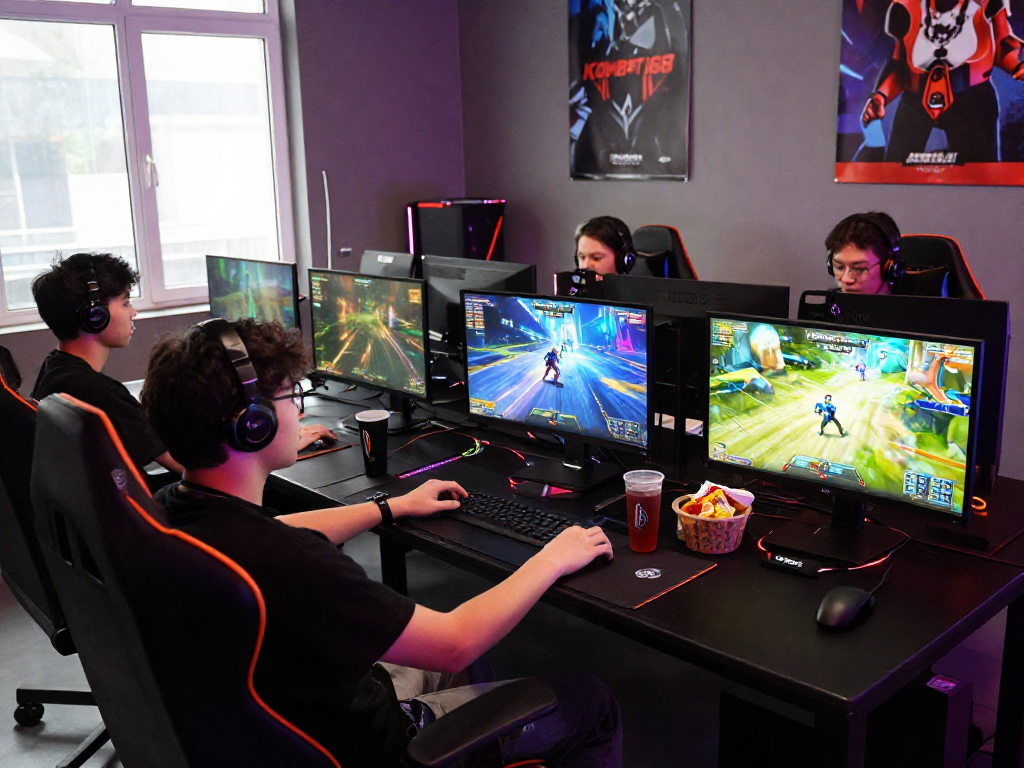 Friends enjoying KOMBET168 in a vibrant gaming setup with PCs, snacks, and LED lights