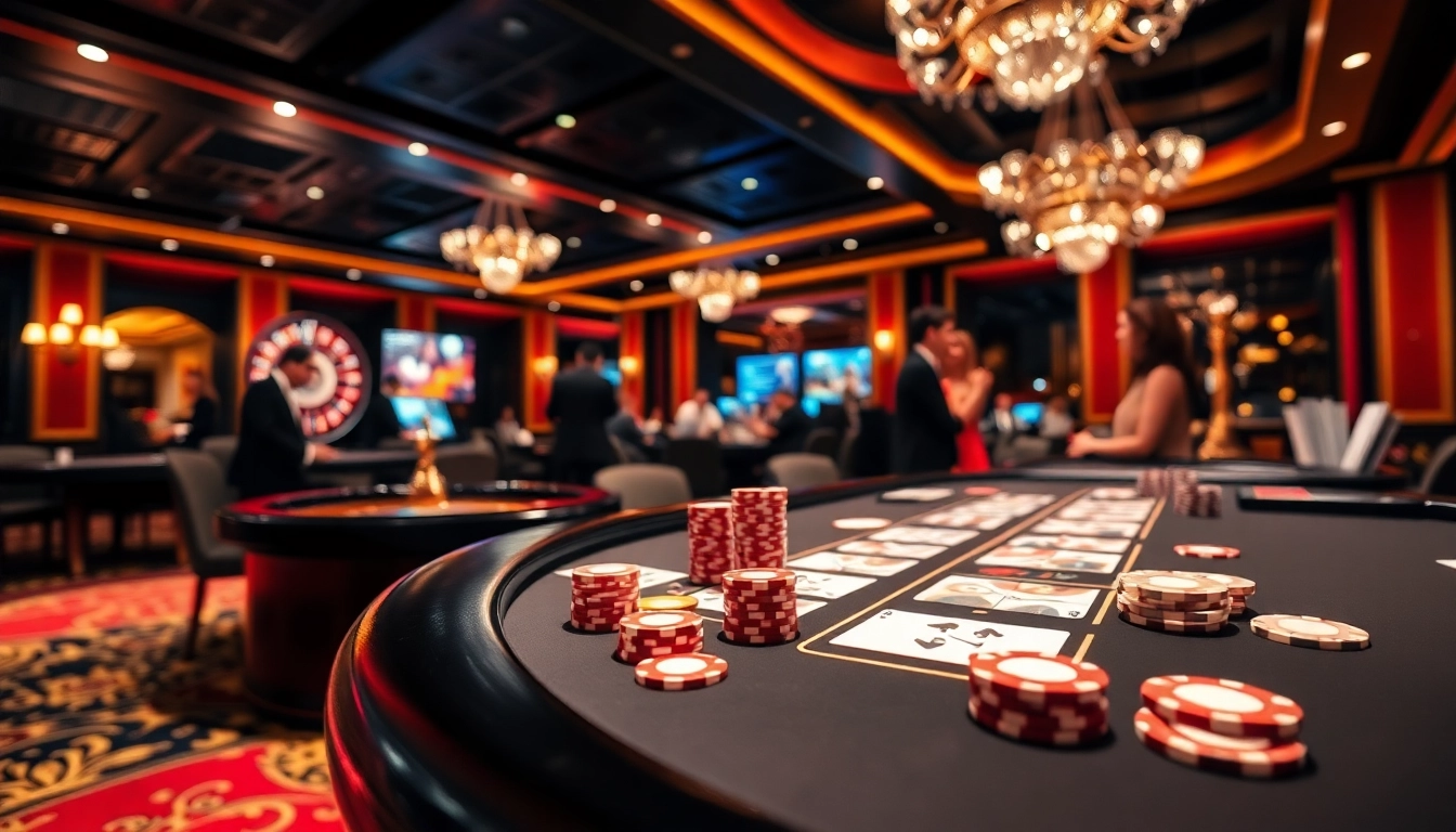 KJC casino scene showcasing a vibrant poker table with chips and cards, evoking excitement.