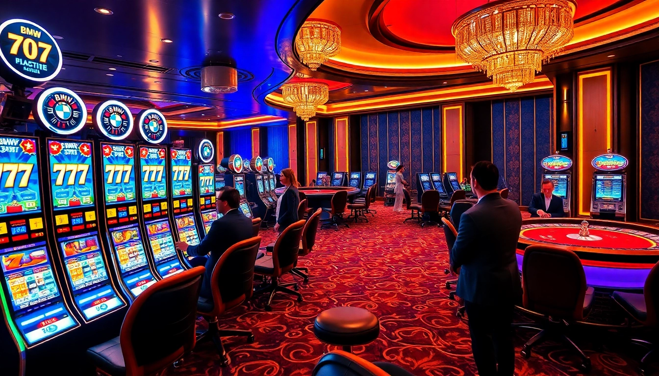 Play exciting BMW777 slot games with vibrant machines in a luxurious casino setting.