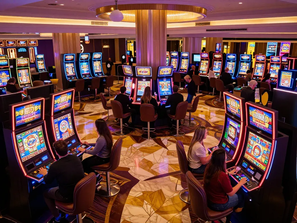 Players engaged at vibrant slot machines in a luxurious casino setting, red888 games featured.