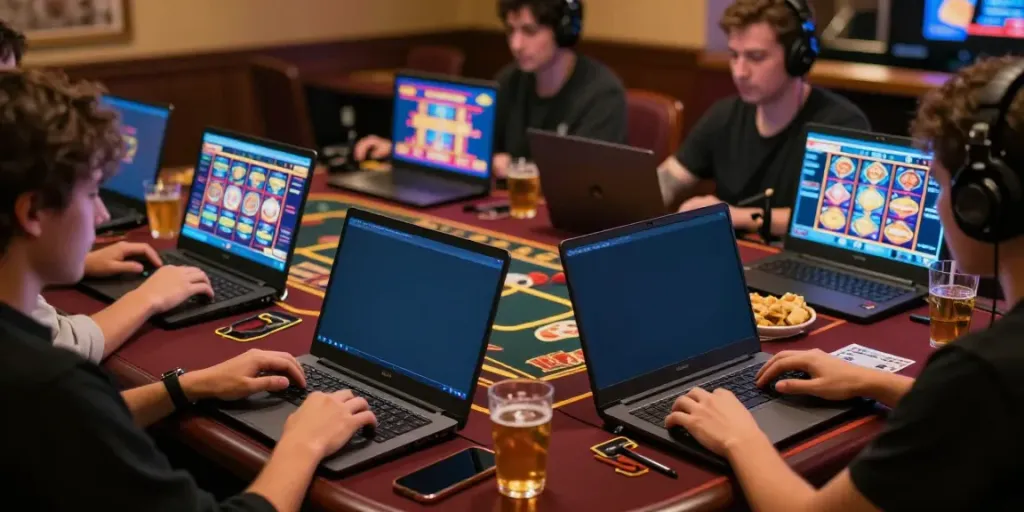 Engaging scene showing players enjoying casino not on gamstop games on devices in a cozy environment.