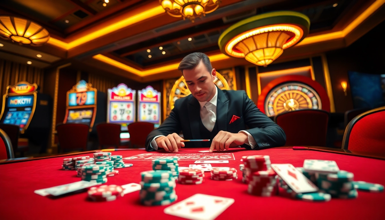 Engaged player strategizing with chips at the 79KING casino table surrounded by vibrant gaming visuals.