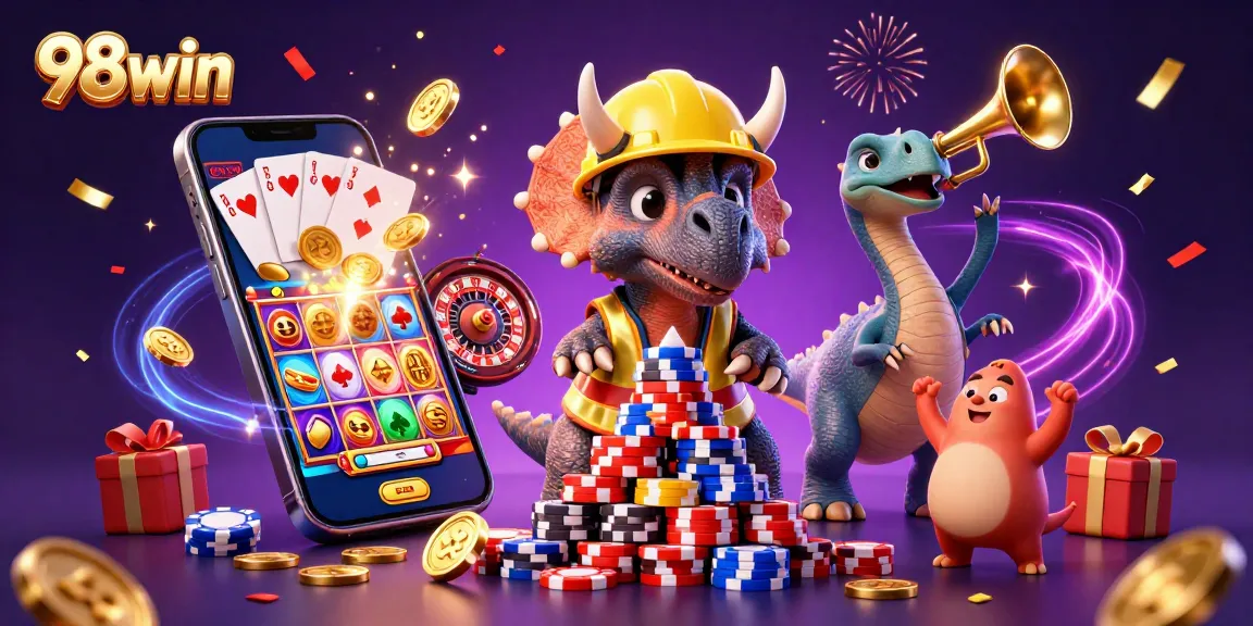 Experience the excitement of 98win with vibrant casino characters building poker chip pyramids