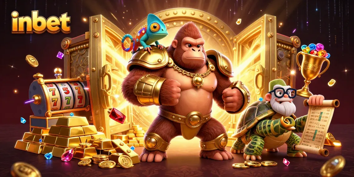 Engage in thrilling adventures with inbet, featuring a gorilla king, chameleon, and tortoise in a rich casino scene.