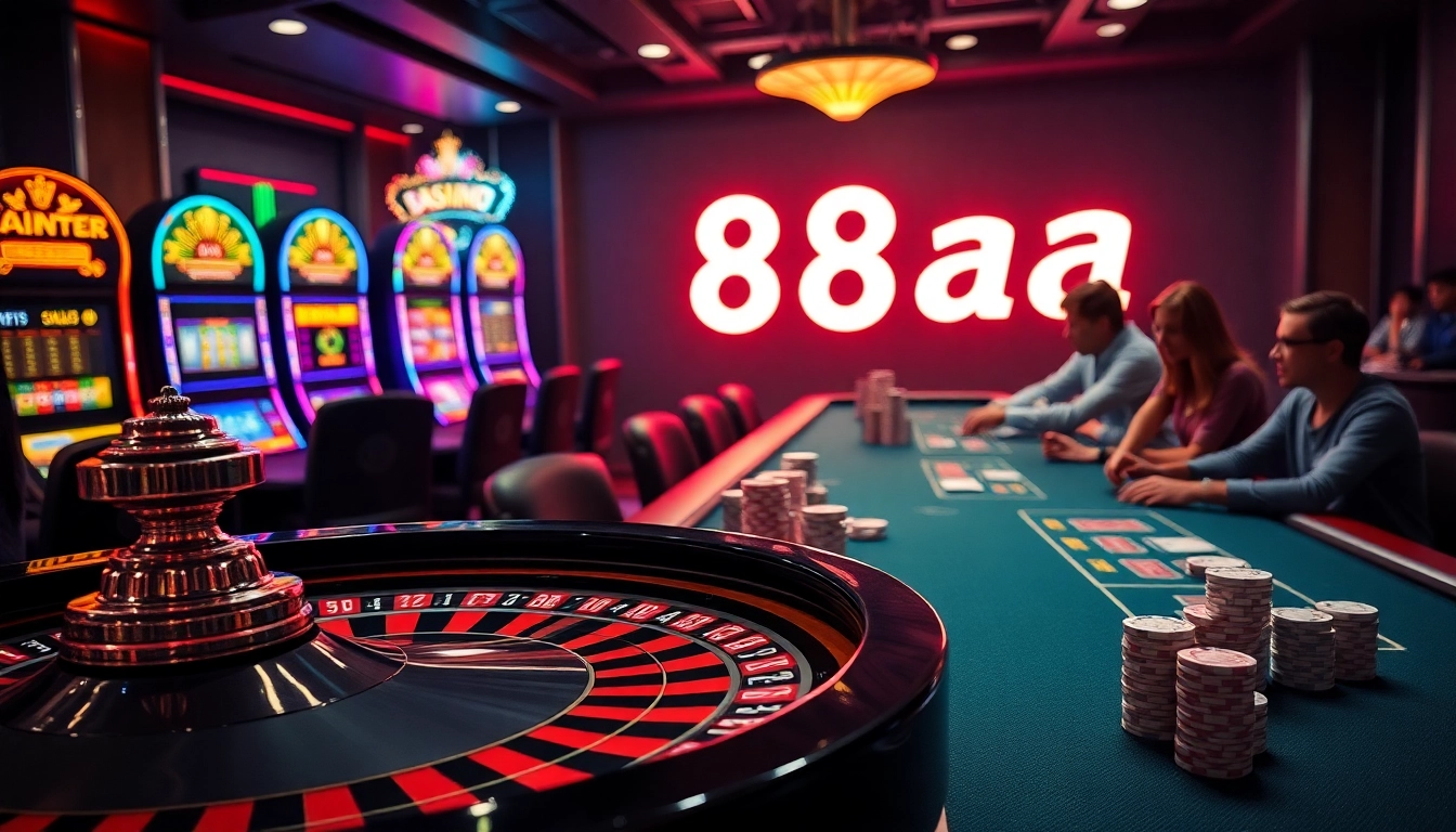 Excited players engaging in high-stakes gambling at a luxurious casino featuring 88aa.