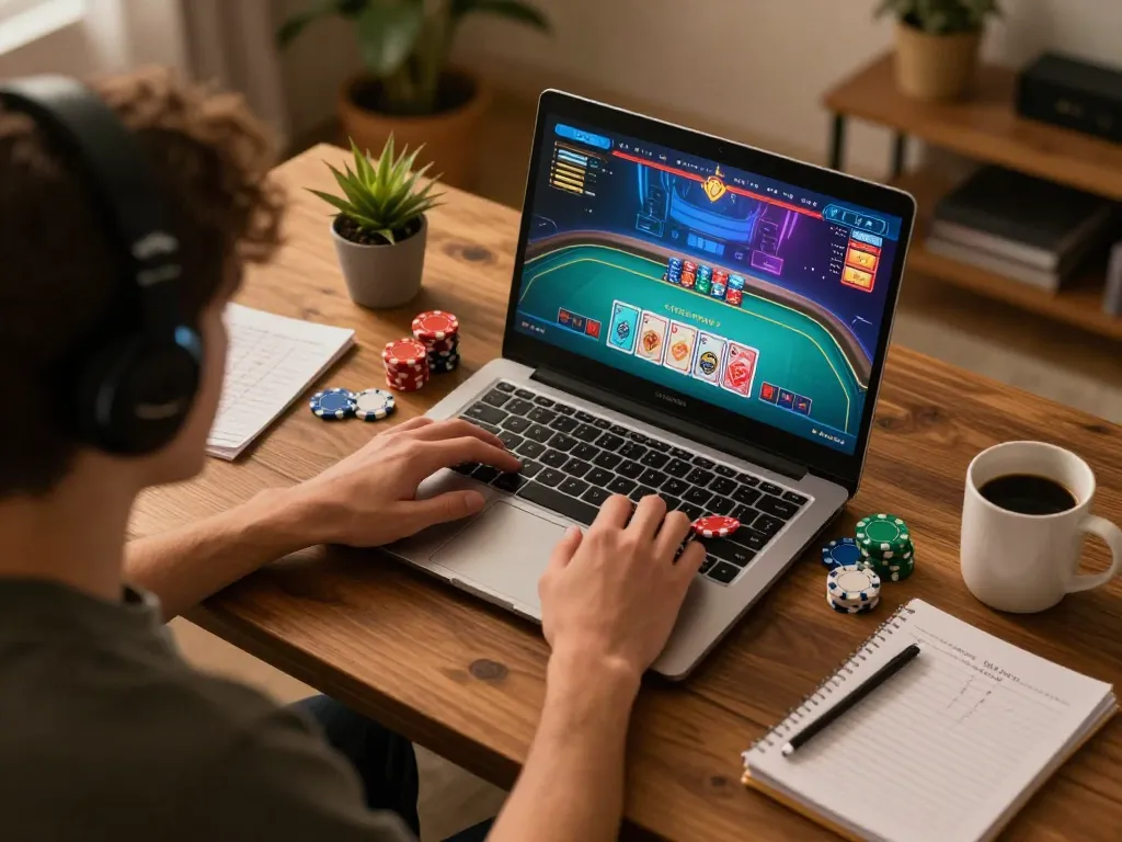 Hitclub player enjoying a live dealer game at cozy home setup with chips and cards.
