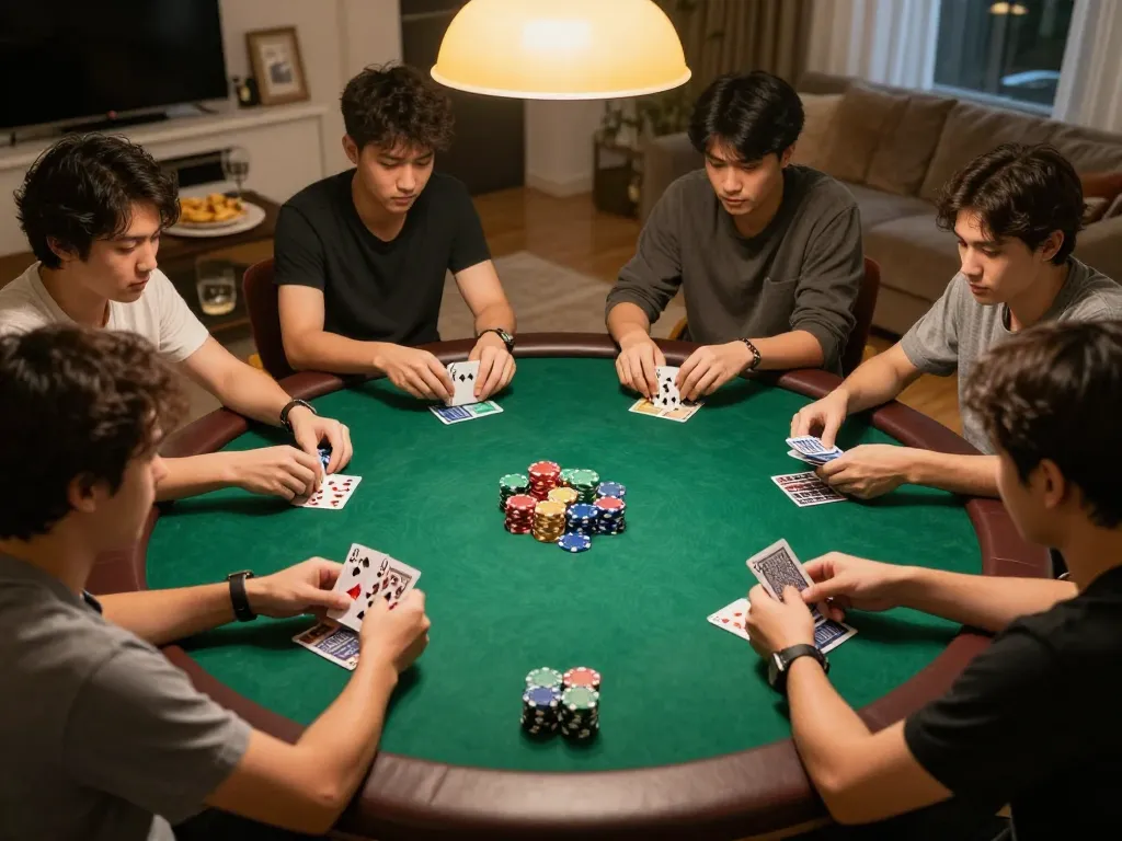Players engaging in a strategic poker game at home, showcasing VS555 atmosphere of fun and competition.