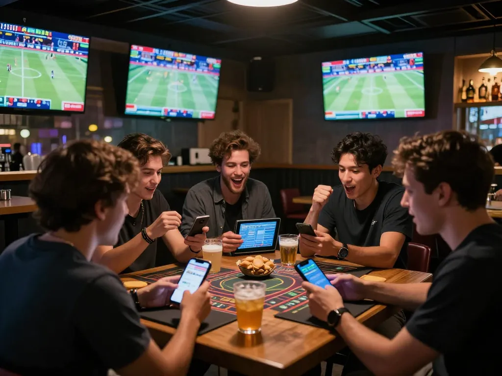 Dynamic sports betting scene with friends cheering at jun88 during live game.