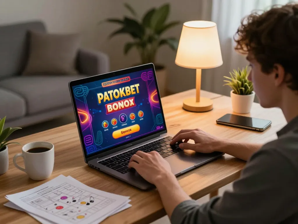 Engaging with the patokbet bonus on a laptop in a cozy home office, enjoying online gaming strategy.
