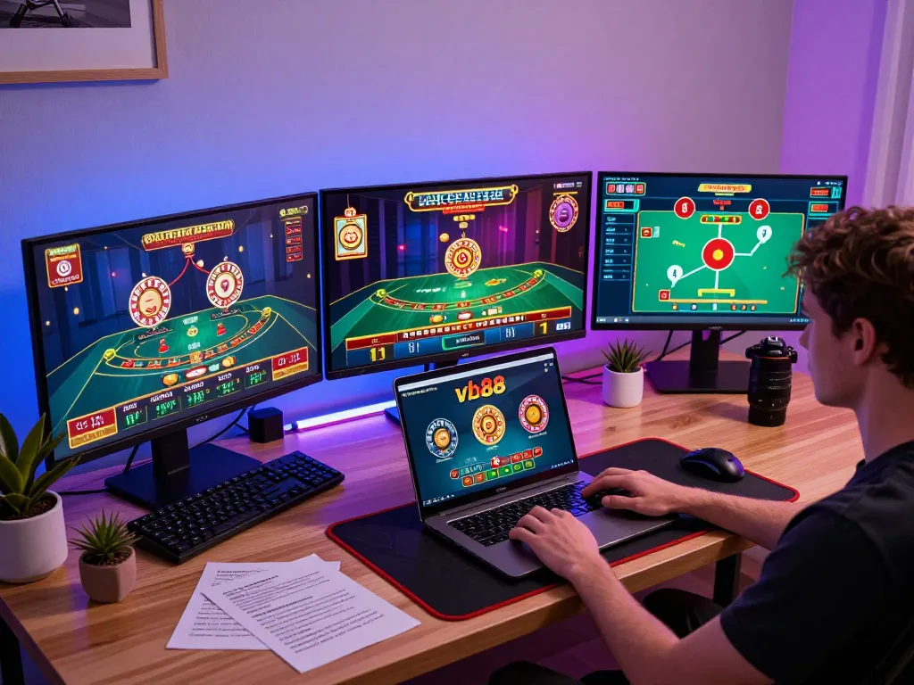 Engaging online gaming session on vb88 with multiple screens showing dynamic casino games and strategic notes.