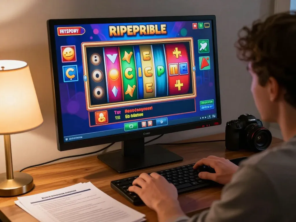 Player enjoying ALO8 online slot game on computer, illustrating responsible gaming.