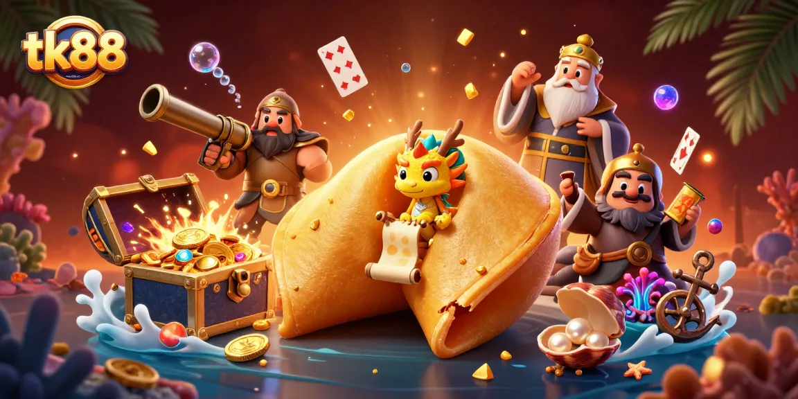 Experience thrilling luck with tk88 as a golden fortune cookie reveals secrets of winning strategies in a dynamic casino scene.