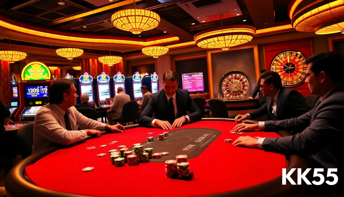 Experience high-stakes gambling at KK55's professional poker table with vibrant chips.