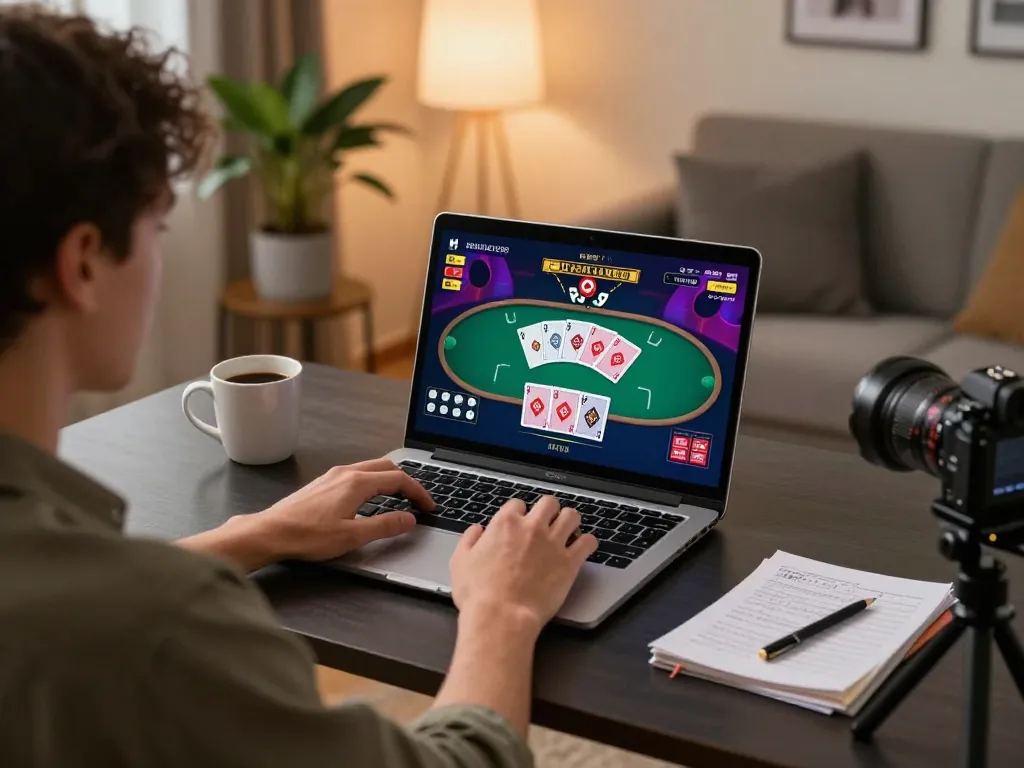 Player engaging with online poker games on jun88, showcasing a vibrant gaming setup for strategic bet placement