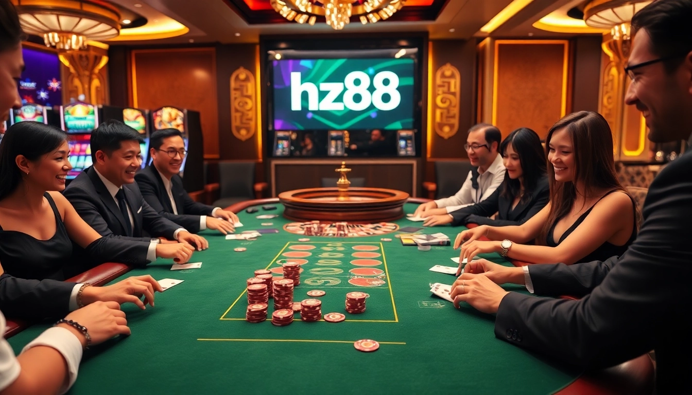 Players engaging in a high-stakes game at a luxurious casino table featuring hz88 elements.