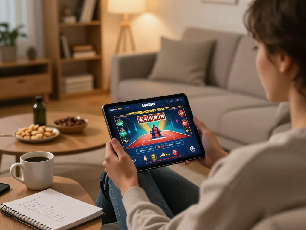 Engaging gameplay on the 4444WIN app during a cozy home casino session.