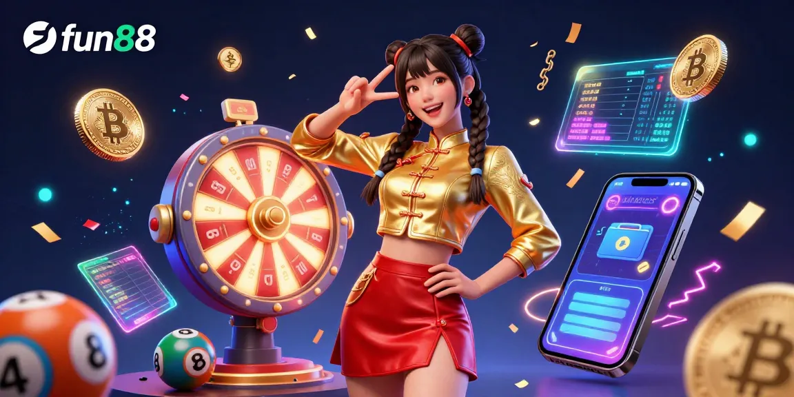 Experience fun88 with vibrant casino action and colorful lottery games in an engaging, dynamic illustration.