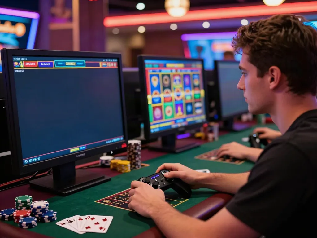 Exciting gaming atmosphere featuring a player engaged at a computer in a casino not on gamstop.