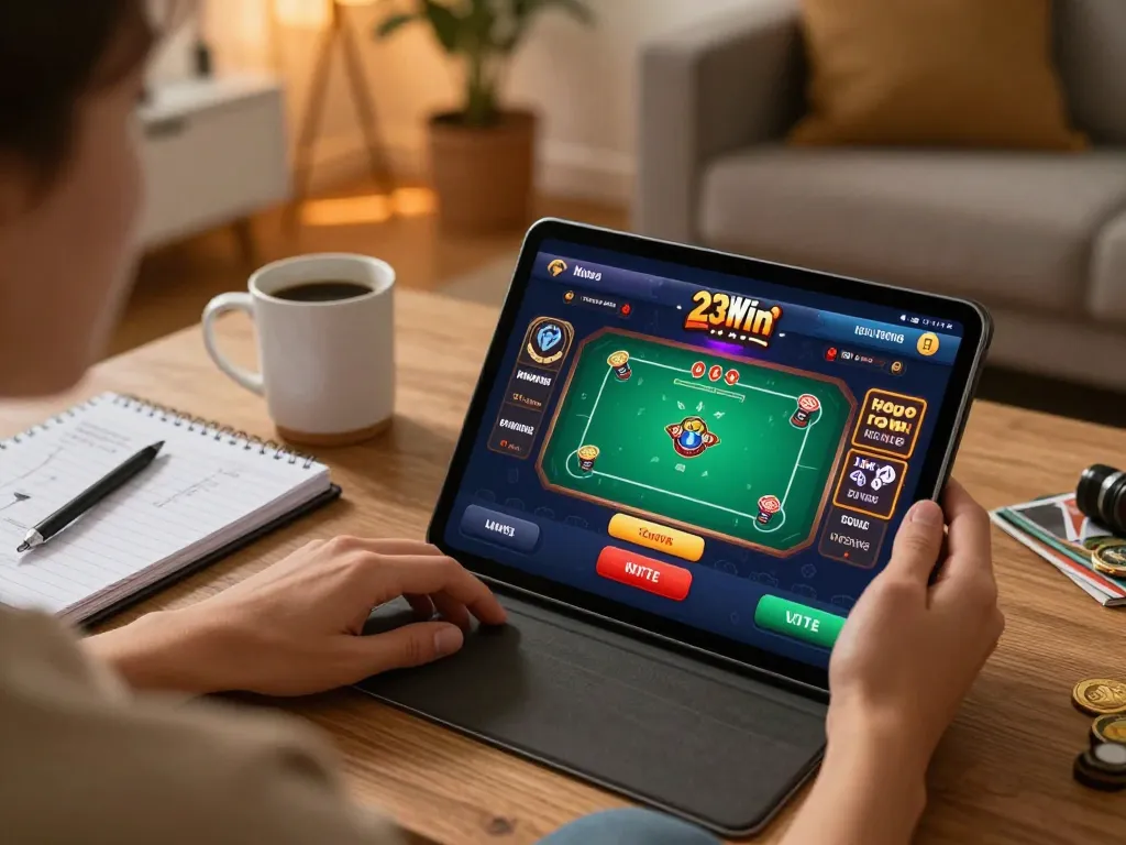 Player enjoying 23Win online gaming on tablet, showcasing interactive casino experience at home.