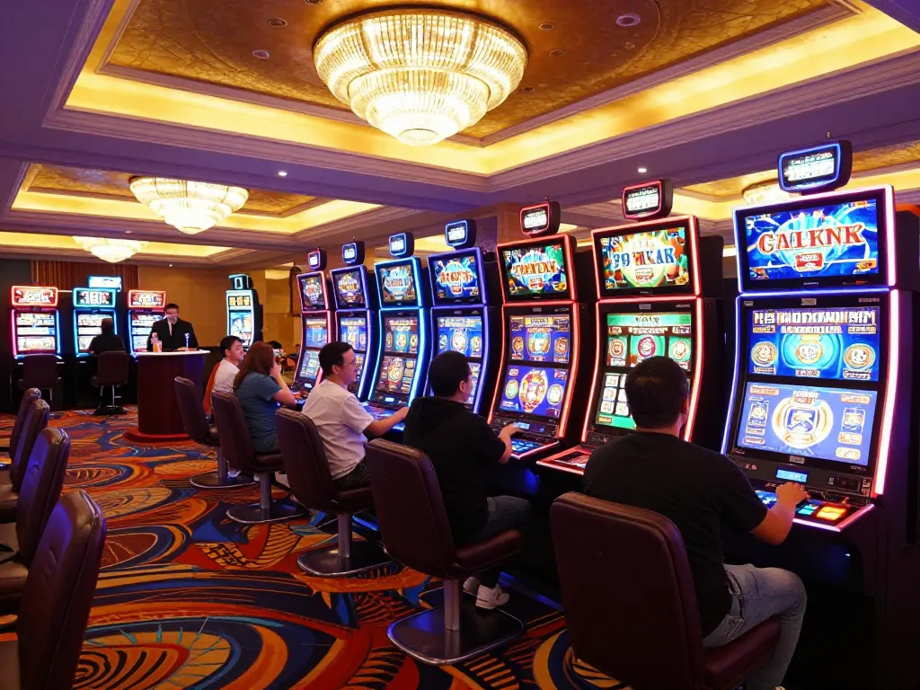 Players enjoying vibrant slot machines at 79king casino, showcasing excitement and winning potential.