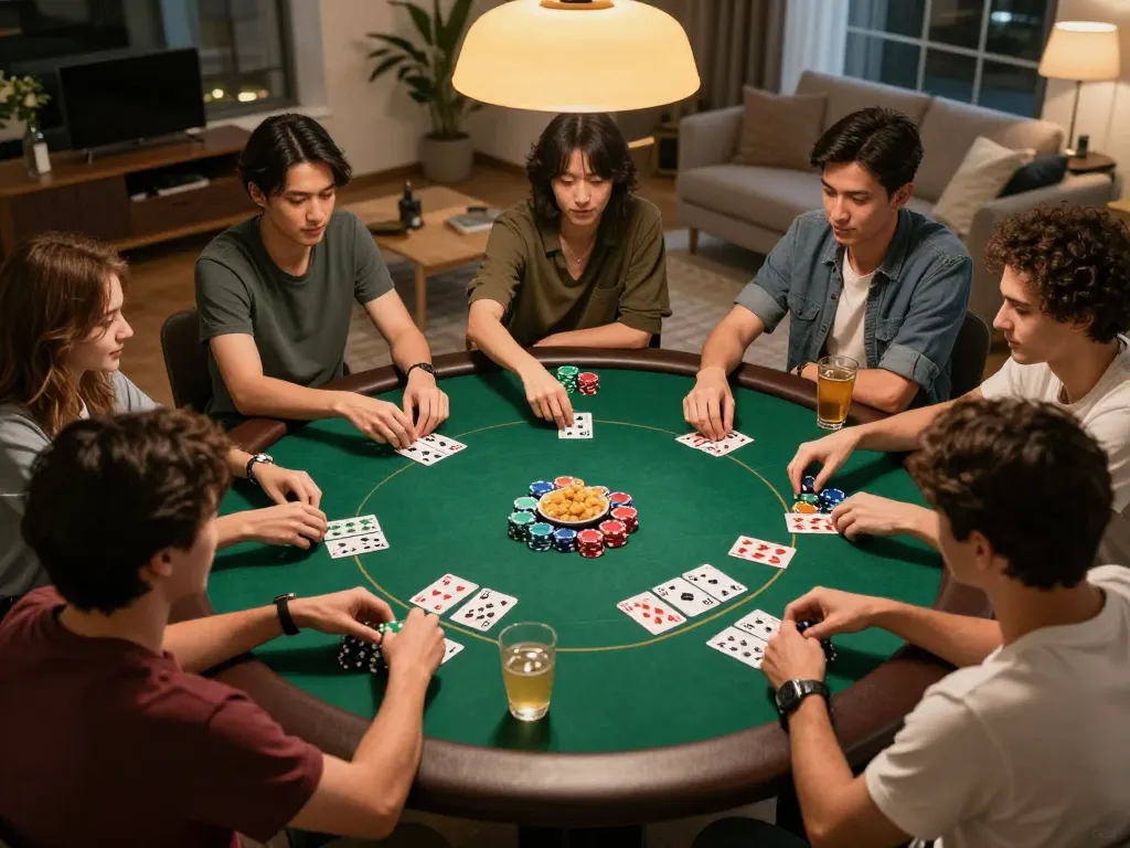 Players enjoying a lively poker game with friends, showcasing the XX88 spirit of responsible gambling.