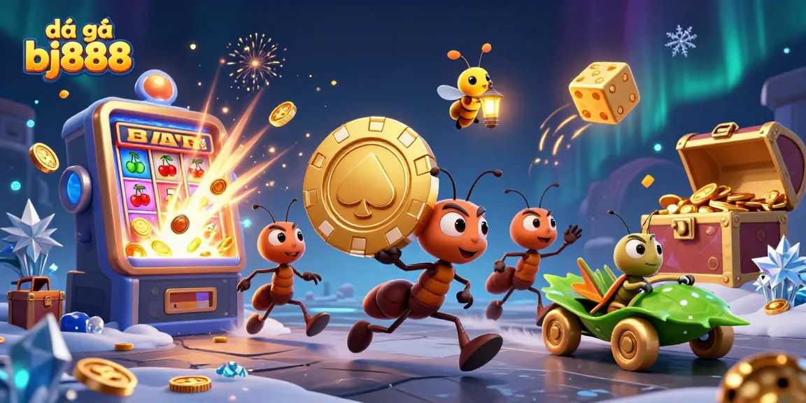 Experience exciting action with đá gà bj888 as cartoon ants heist a giant poker chip in a vibrant casino scene.