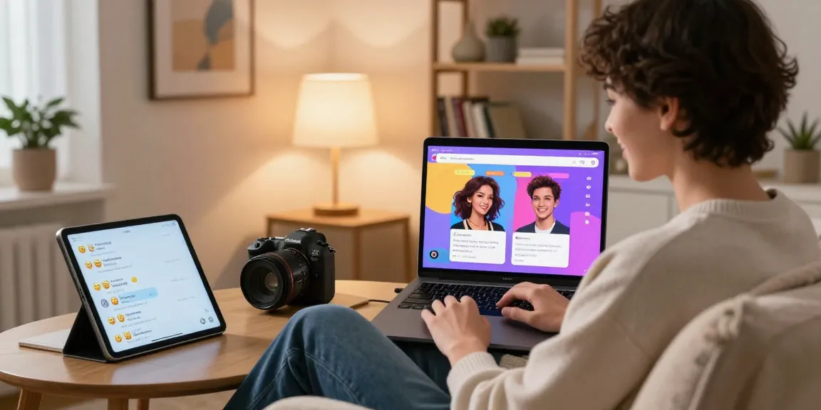 A person engaging in an ai sex chat on a laptop in a cozy, well-decorated room, smiling and interacting with AI characters.