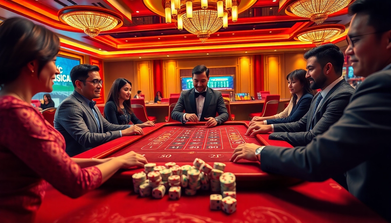 Xóc đĩa online table with vibrant chips and engaging players in a thrilling casino atmosphere.