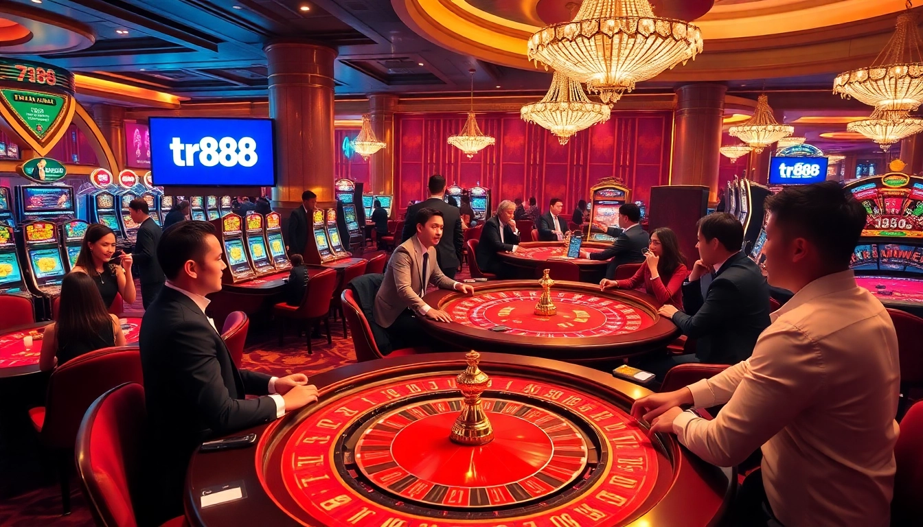Engage with tr88’s thrilling live casino atmosphere featuring vibrant tables and glamorous players.
