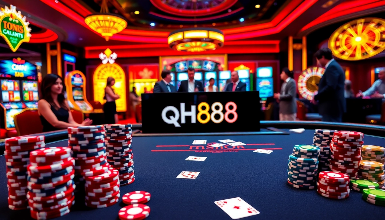 Excited players at a qh88 poker table in a luxurious casino setting.