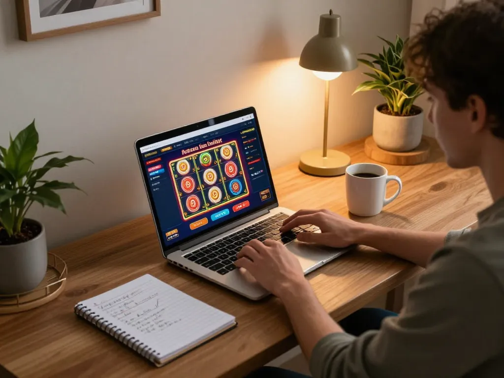 Player engaging in online gambling with vnloto on a laptop at home, showcasing strategic gameplay.