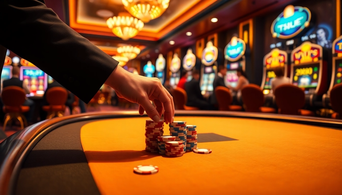 Engaging gambling scene at https://www.vvjl11.com/ showcasing colorful poker chips and slot machines.