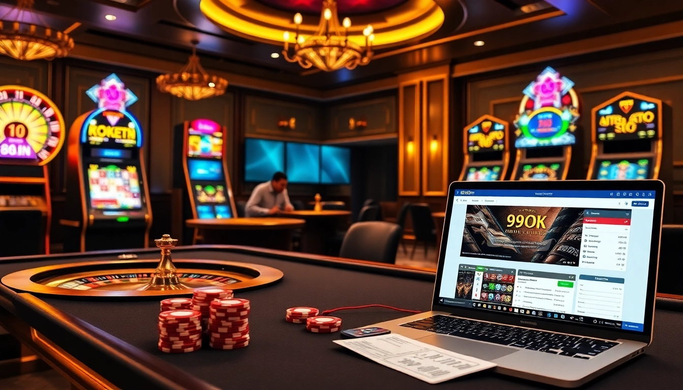 Experience thrilling online gambling at https://99okwin.live with vibrant casino scenes featuring poker tables and slot machines.