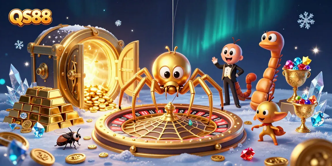 Experience thrilling bets at QS88 with a golden spider spinning a roulette web and dynamic treasure around!