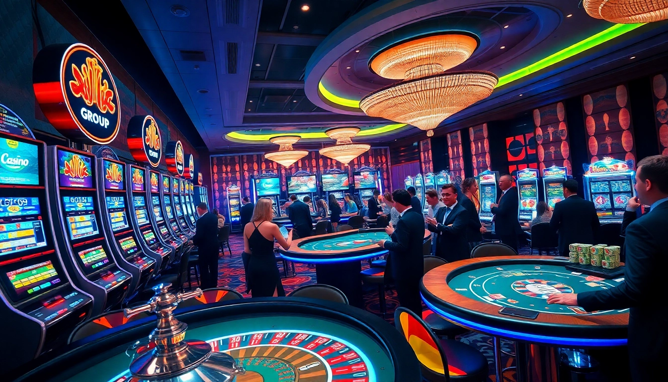 Experience the excitement of the kjc group in a luxurious casino setting with vibrant slot machines and poker tables.