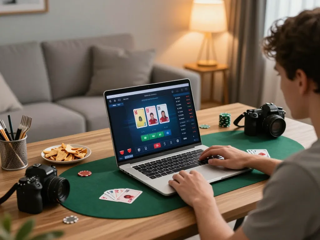 Player enjoying a thrilling TT88 online poker game on a laptop in a cozy home setting