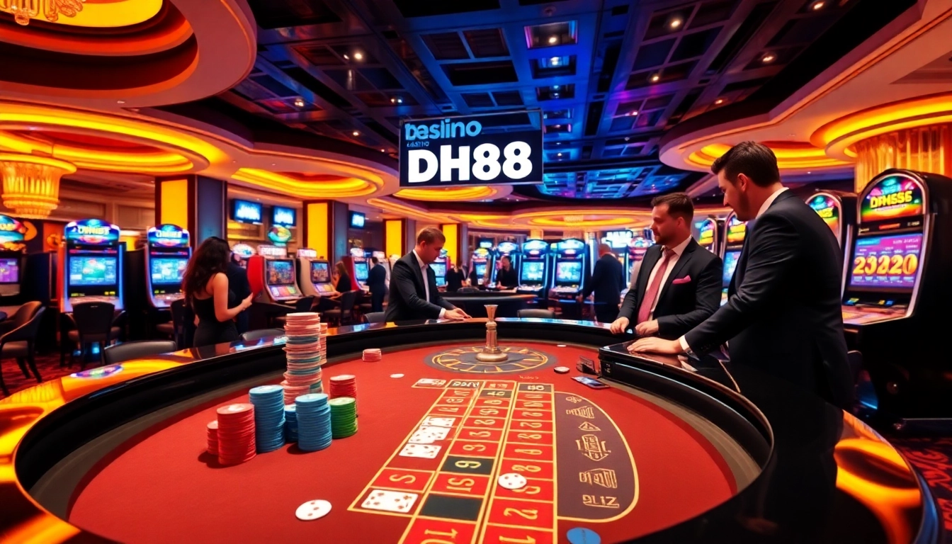 Engaging players at DH88 roulette table with vibrant casino atmosphere.