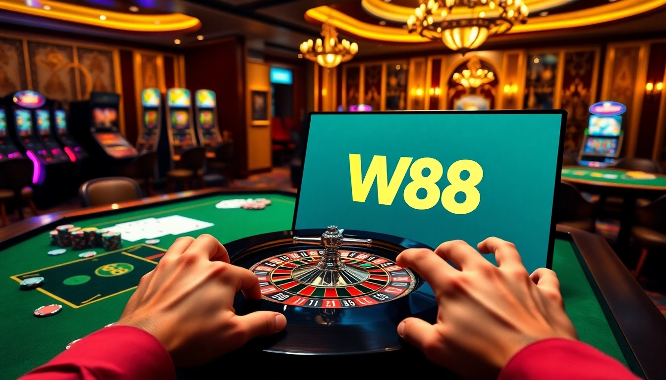 Experience the thrill of W88 gaming with an interactive casino scene featuring roulette and chips.