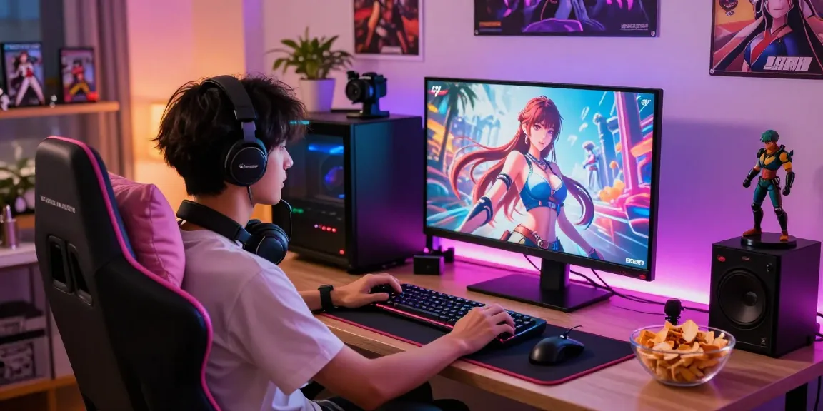 Engaging gaming scene showcasing a player immersed in AI hentai games, surrounded by vibrant visuals and gaming paraphernalia.