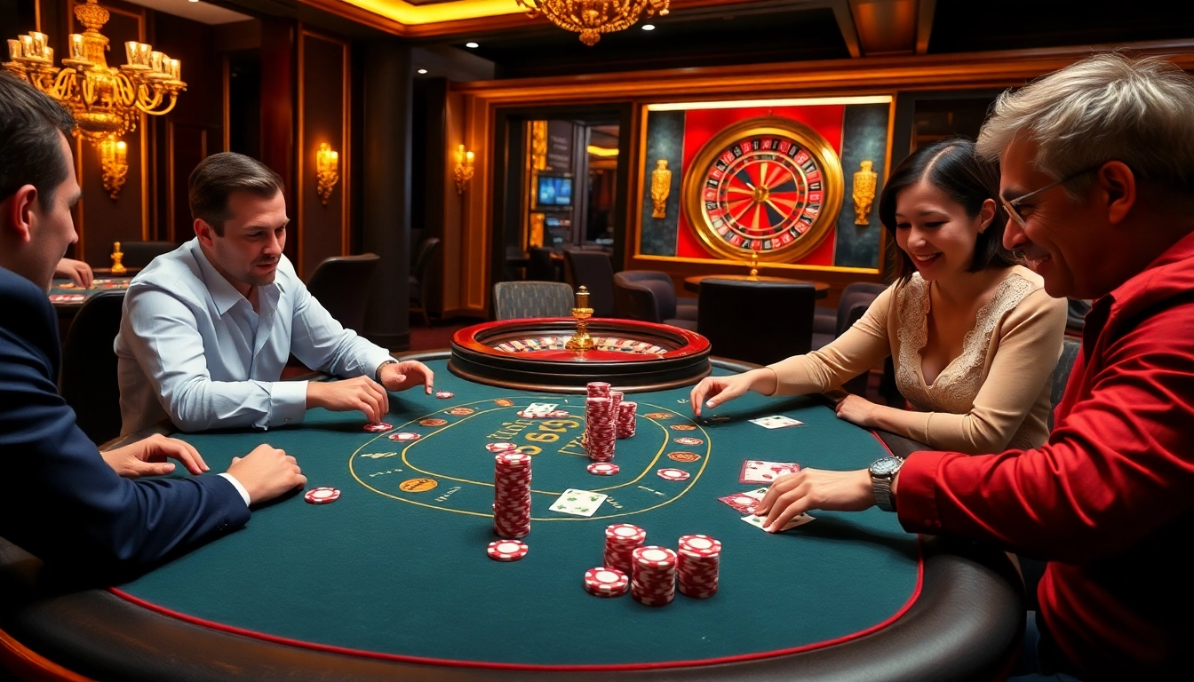 Players enjoy poker at a high-end casino table at tt88.gr.com, showcasing excitement and strategy.