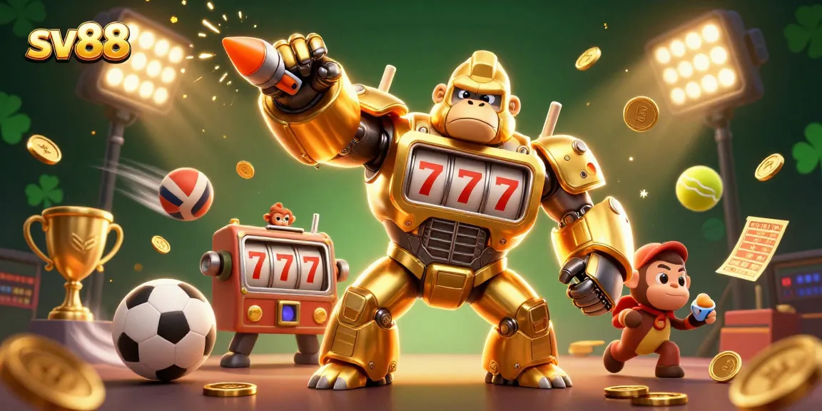 Bet on sv88 with a dynamic 3D illustration of a golden gorilla mech, showcasing exciting casino elements.