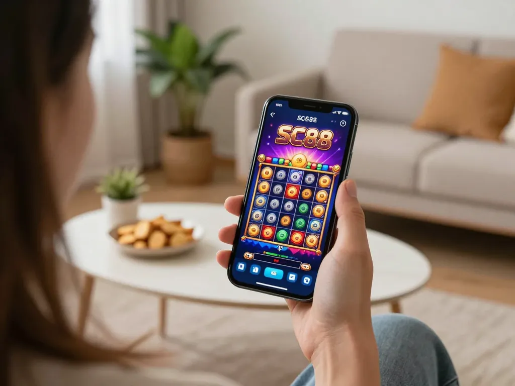 Engaging user playing SC88 slot game on smartphone in a cozy setting