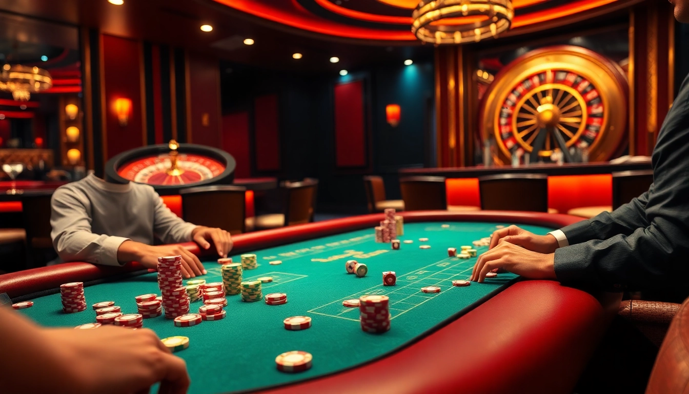 Nohu casino atmosphere showcasing players engaged at a poker table with vibrant chips and dice.