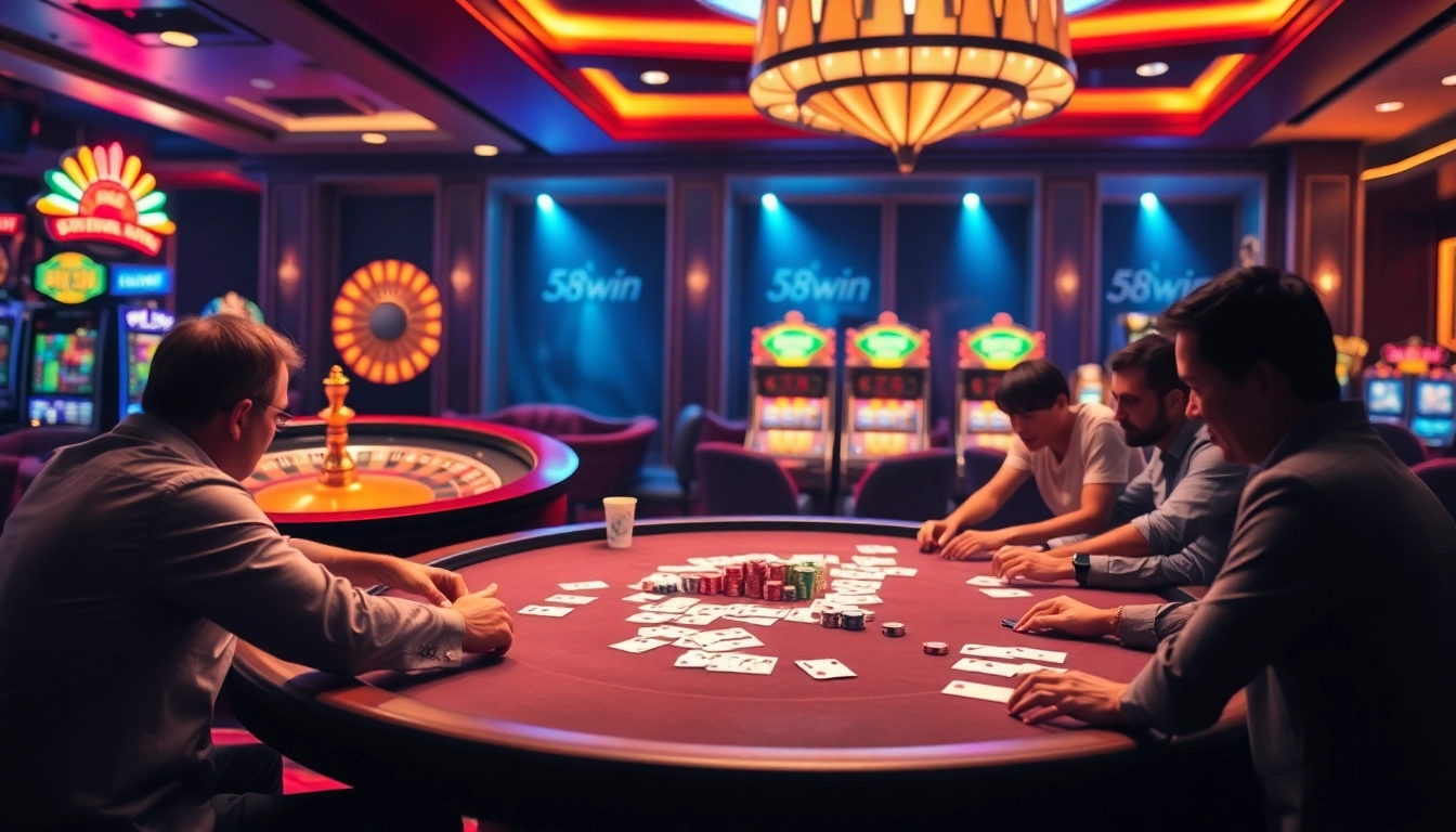 Experience a thrilling poker game at 58win, showcasing vibrant chips and a spinning roulette wheel.