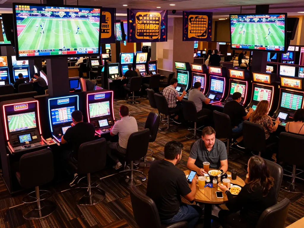 Engaged bettors analyzing odds at the modern 888VI sports betting area, vibrant casino atmosphere