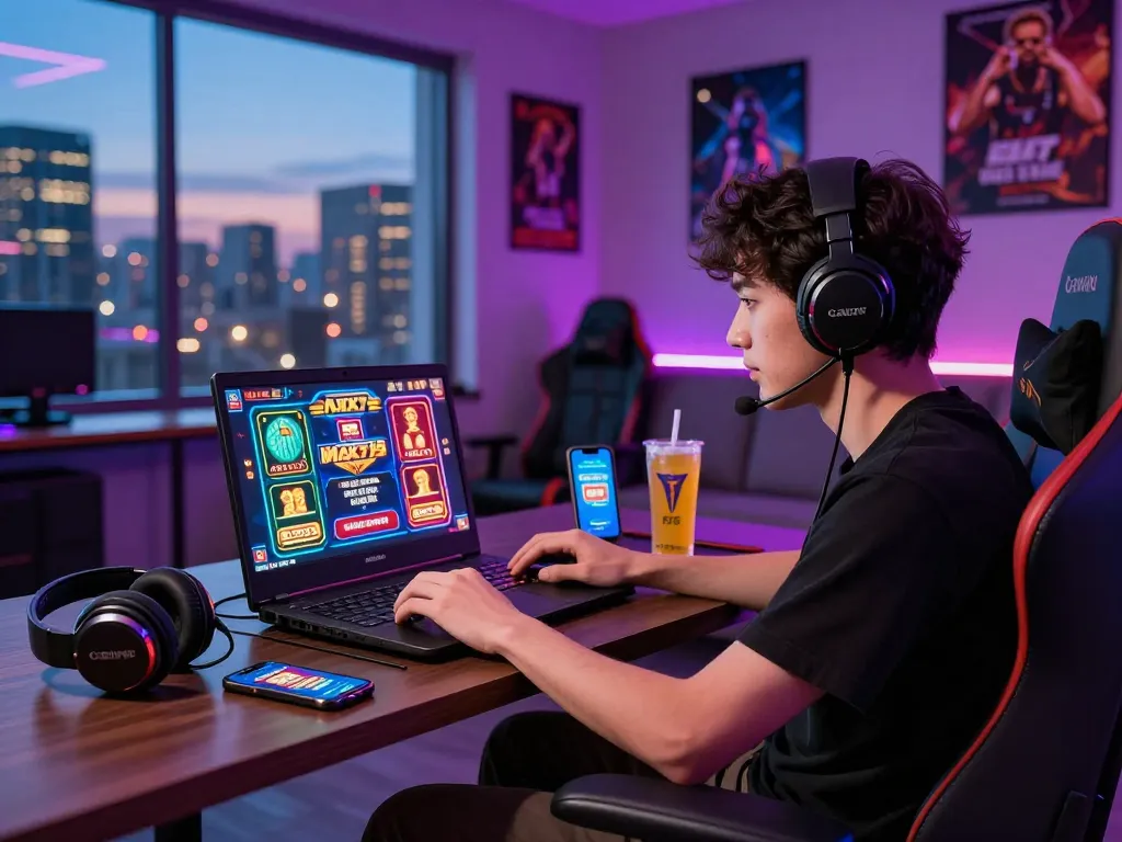 Player enjoying MAX79 gaming experience with laptop and accessories in vibrant room