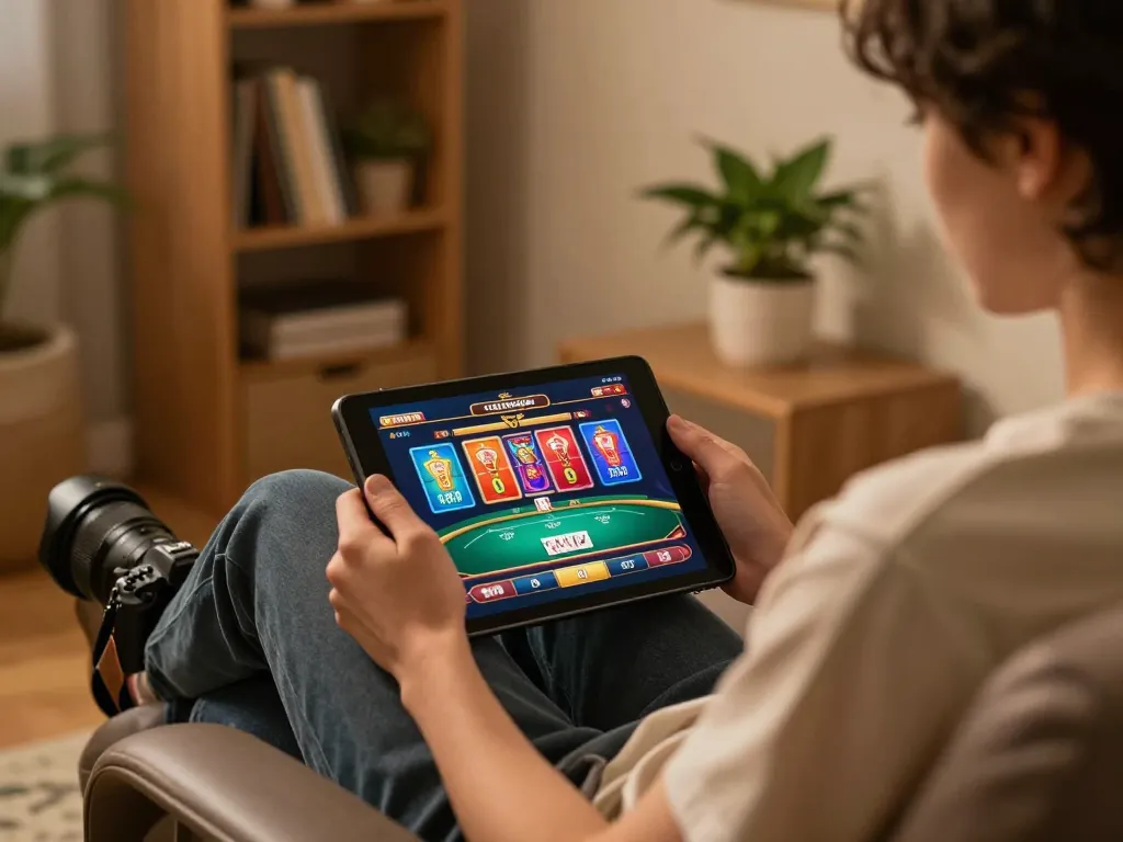 Engaging in online casino games using Haywin app on tablet, cozy home setting.