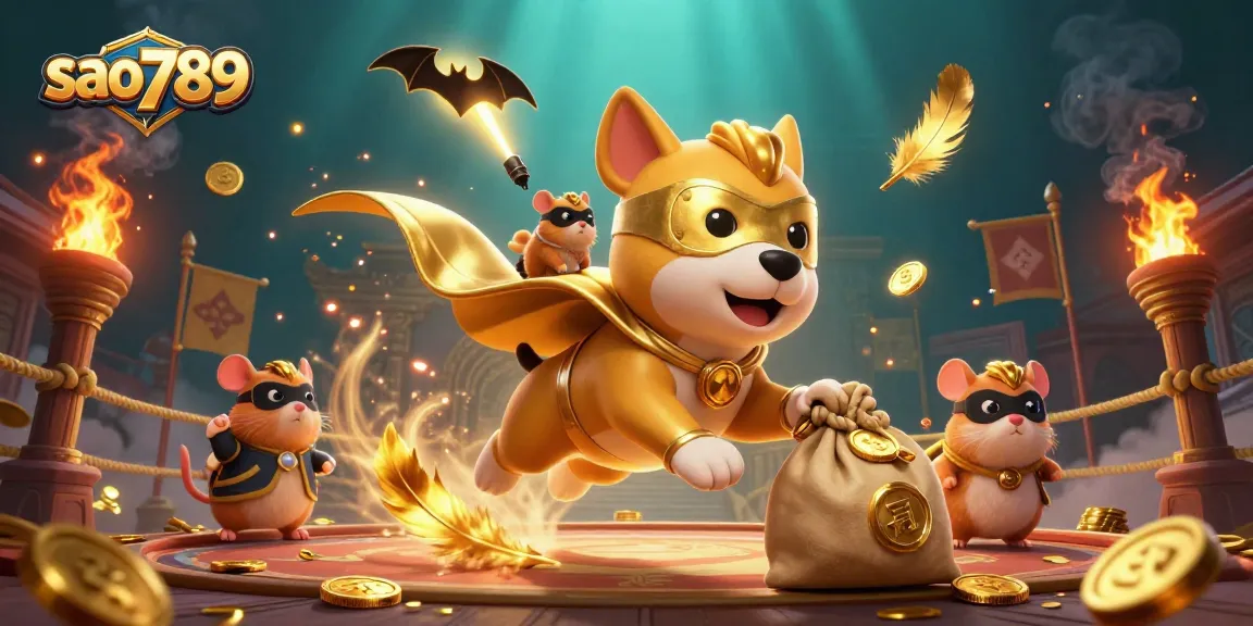 sao789 offers exciting gameplay, featuring a superhero dog flying with gold coins amidst vibrant casino elements.