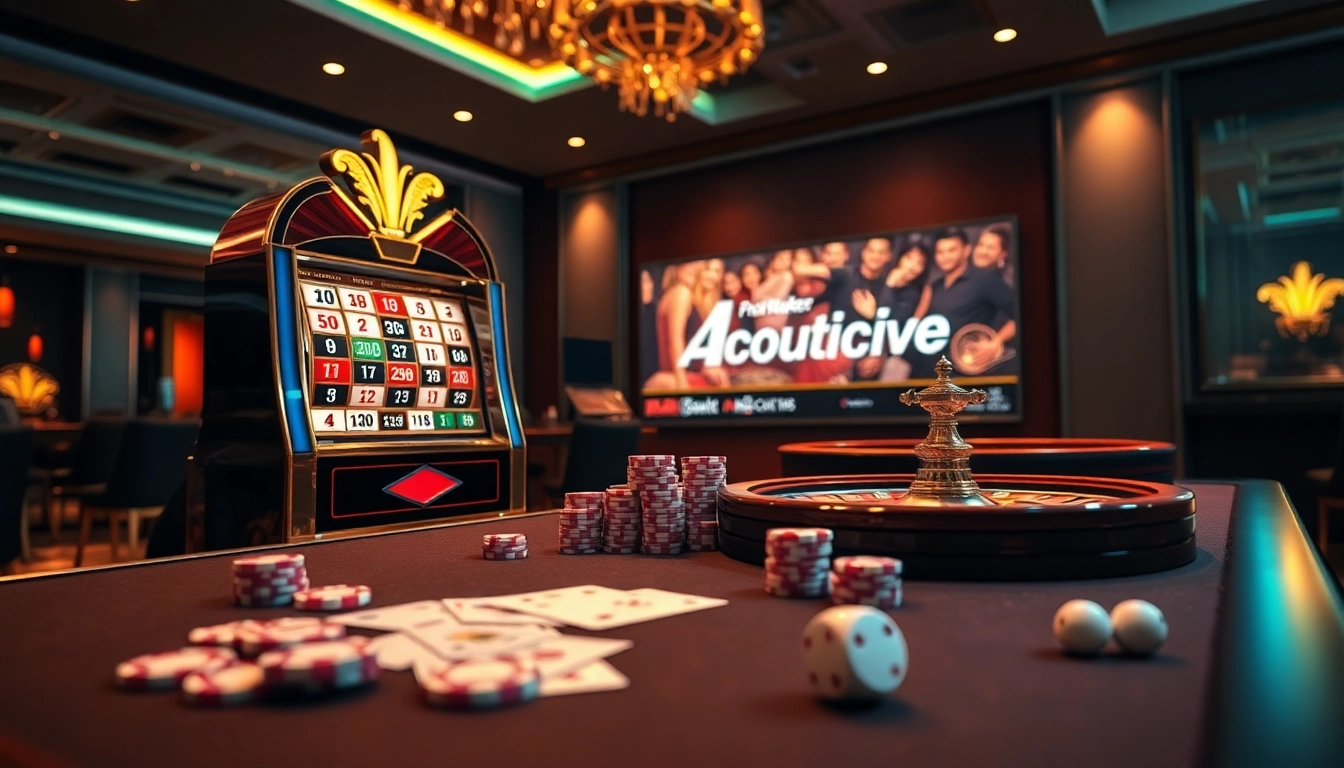 Experience thrilling games at rikvip.gb.net with a vibrant casino scene featuring poker chips, cards, and a roulette wheel.