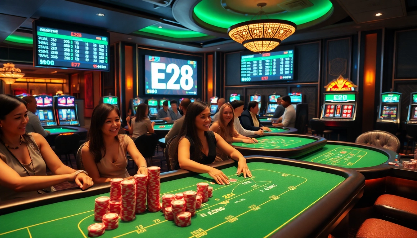 Experience the thrill of E28 gaming with vibrant casino tables and excited players in action.
